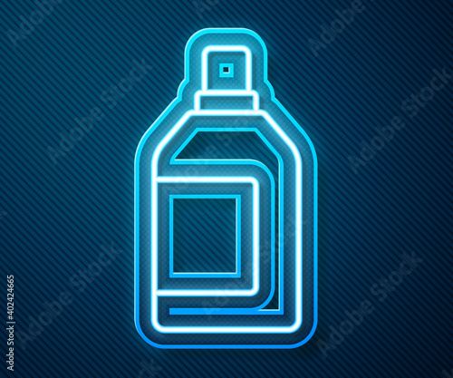 Glowing neon line Plastic bottle for laundry detergent, bleach, dishwashing liquid or another cleaning agent icon isolated on blue background. Vector.