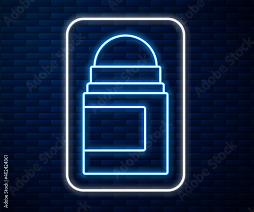 Glowing neon line Antiperspirant deodorant roll icon isolated on brick wall background. Cosmetic for body hygiene. Vector.