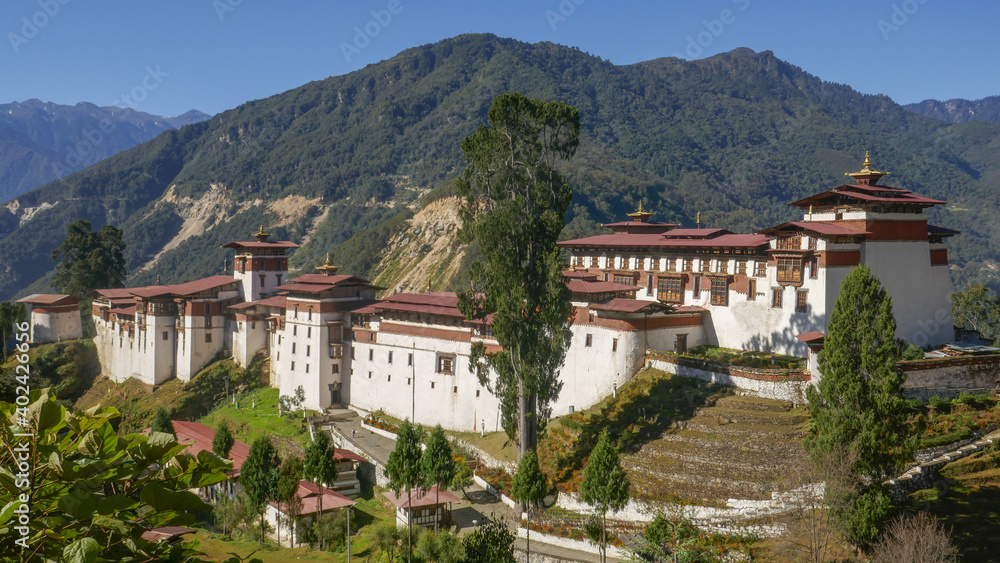 Landscape panorama of impressive and beautiful ancient Trongsa dzong in Central Bhutan the religious and administrative center of the province