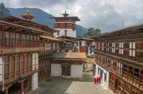 View of the inner courtyard in Trongsa dzong in Central Bhutan the religious and administrative center of the province on an overcast day photo