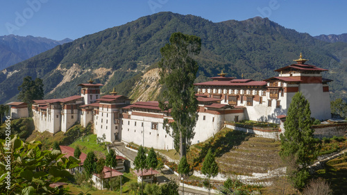 Landscape panorama of impressive and beautiful ancient Trongsa dzong in Central Bhutan the religious and administrative center of the province photo