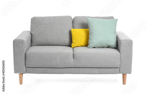 Stylish cozy sofa on white background