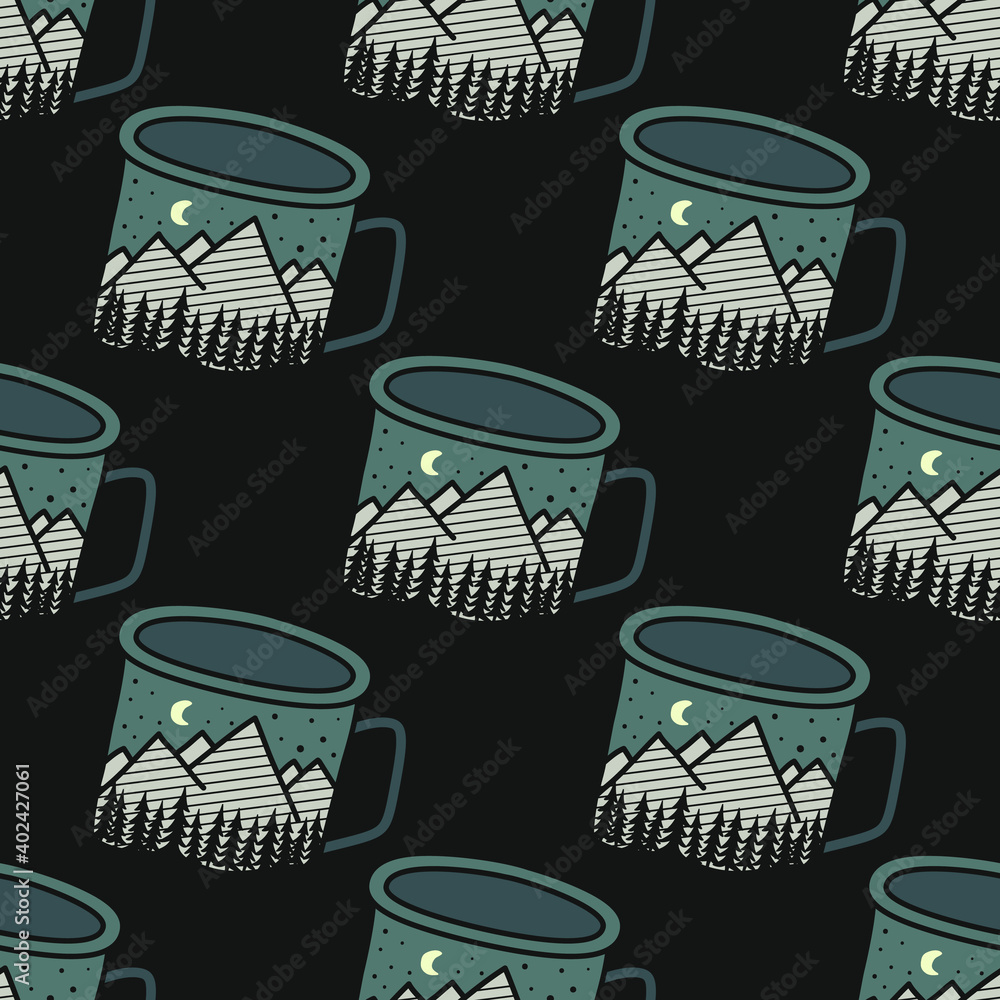 Fototapeta premium Vintage Hand drawn camping mug seamless pattern with adventure forest. Unusual Stock adventure background