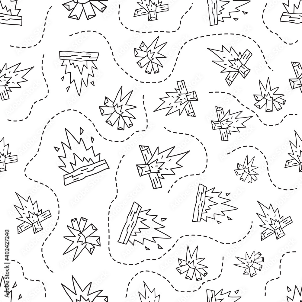 Vintage Hand drawn camping seamless pattern with retro camp fires elements. Adventure silhouette line art graphics. Stock travel linear background