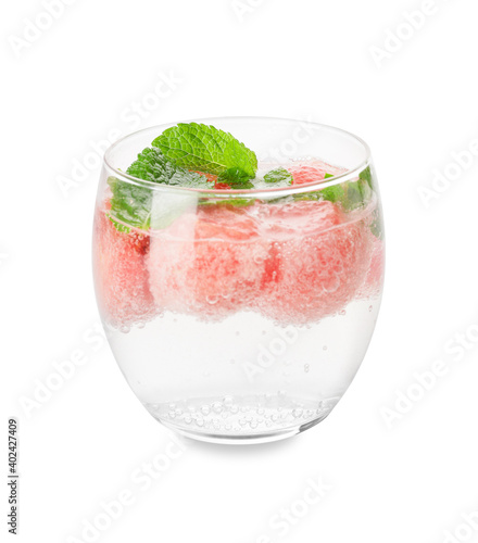 Glass with tasty watermelon cocktail  on white background