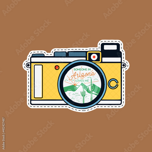 Vintage adventure badge patch with mountains, cactus, desert inside the camera and quote - Someone in Arizona loves me. Camping retro label. Stock