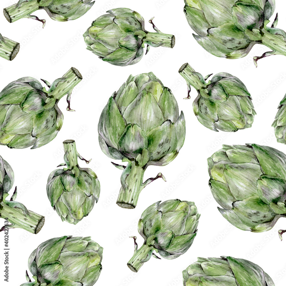 Watercolor seamless pattern artichoke isolated on white. Watercolor seamless pattern artichoke isolated on white.