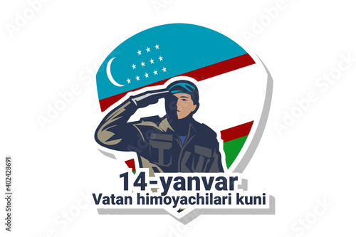 Translation: January 14 is Day of Defenders of the Motherland. Happy Uzbek Army Day vector illustration. Suitable for greeting card, poster and banner.