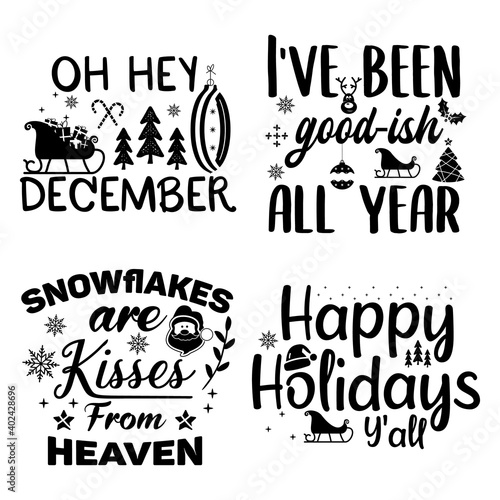Christmas calligraphy quotes set. Colorful typography templates for xmas decoration  cards  t shirts  mug  other prints with words and holiday elements. Stock lettering bundle designs isolated