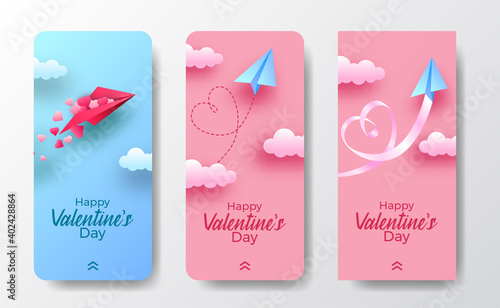 Social media stories banner for valentine's day with paper plane travel paper cut style