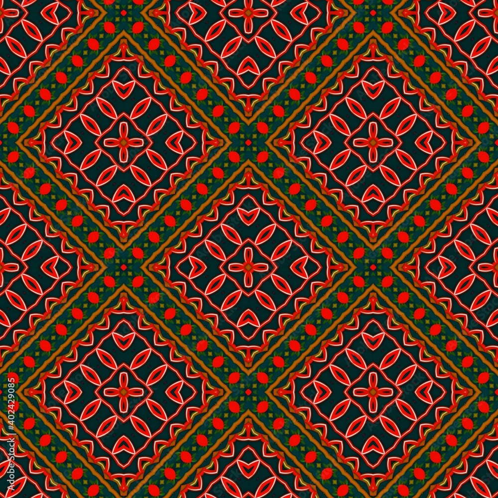 Seamless pattern with symmetric geometric ornament.
Seamless pattern with symmetric geometric ornament.