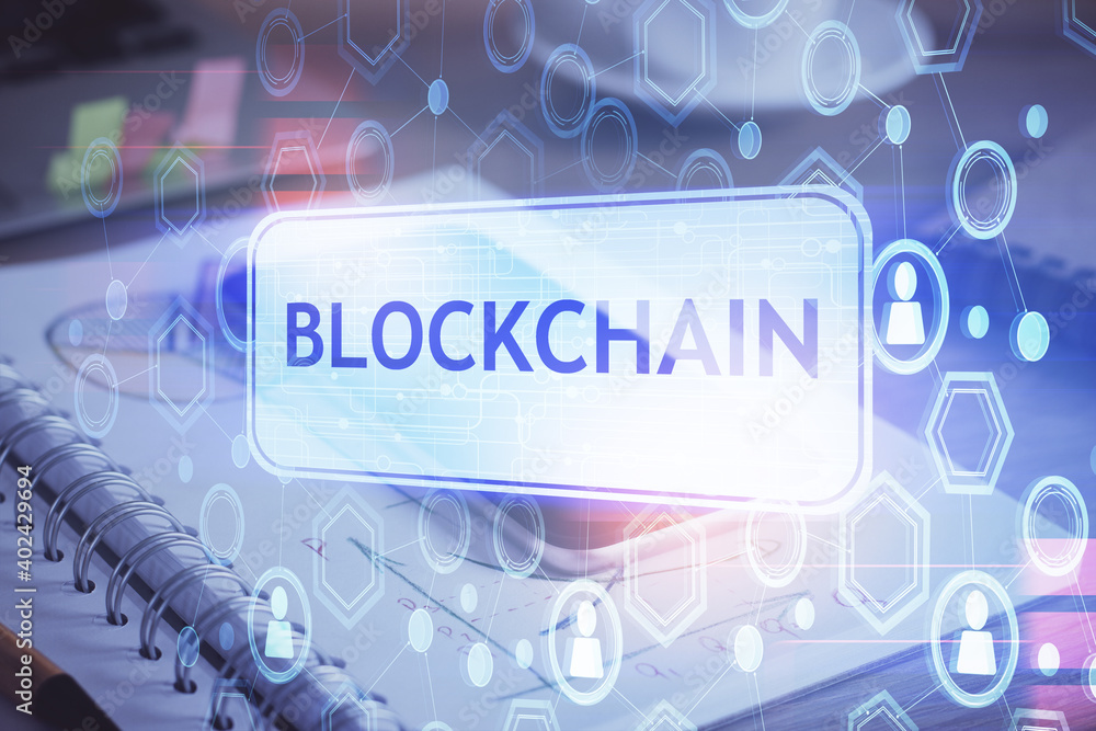 Double exposure of blockchain theme drawing and cell phone background. Concept of cryptomarket Double exposure of blockchain theme drawing and cell phone background. Concept of cryptomarket