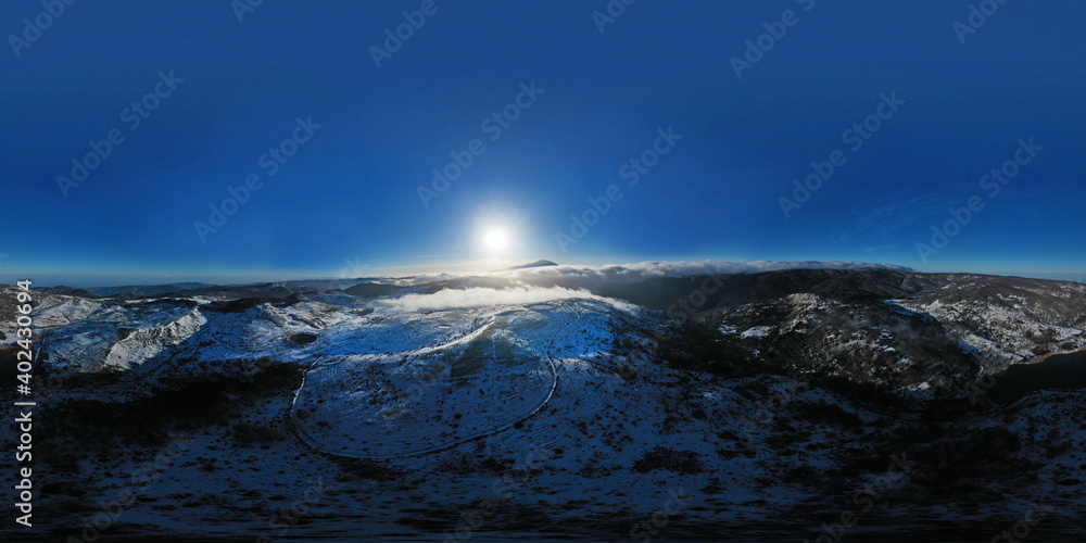 360 degree virtual reality panorama of Nebrodi lakes valley in winter time with view of Etna volcano, Sicily, Italy.
