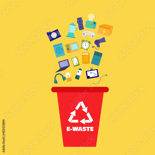 Ecology and recycle concept.E-waste recycle bin.Batteries, phone, television, camera, refrigerator, computer, hair dryer, microwave, headphone, power cables, washing machine and light bulbs.