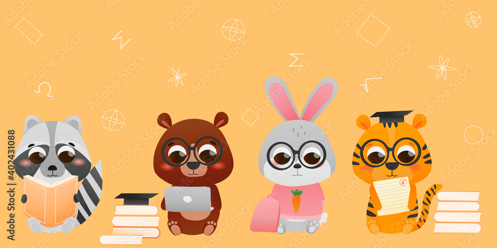 Animal charcter in cartoon style reading books and learning, educational web banner for kids, childish illustration on yelllow background