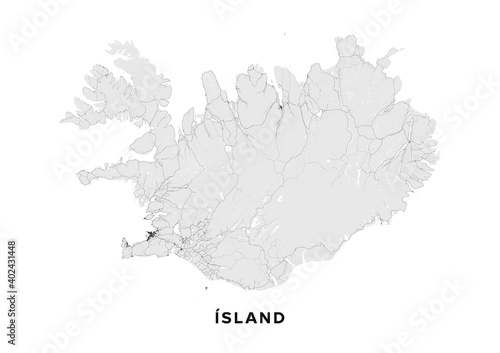 Iceland map poster (landscape). Road map of Iceland. It includes properly grouped all roads of the country (from highways to country roads and railways). Light grayscale printable graphics.