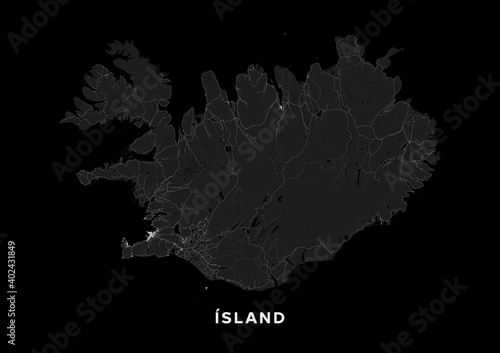 Iceland map poster (landscape). Road map of Iceland. It includes properly grouped all roads of the country (from highways to country roads and railways). Dark grayscale printable graphics.
