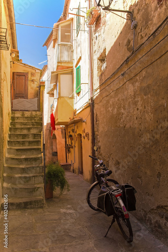 A quiet residential street in the historic medieval village of Scansano  Grosseto Province  Tuscany  Italy 