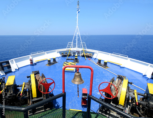 the bow of a ferry that plows the Mediterranean with the equipment needed to snow and moor