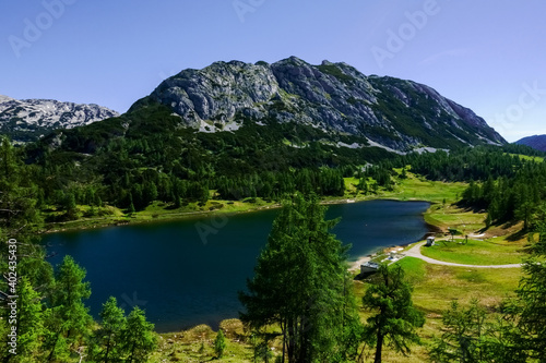 deep blue lake in a green landscape with mountains