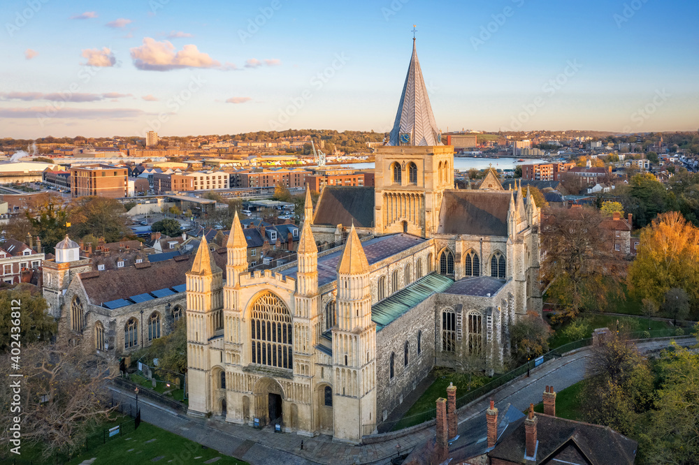 Rochester Cathedral in autumn tints at sunset