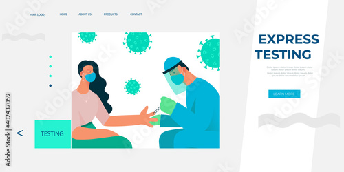 Concept for landing page or banners on covid-19 testing. Blood sampling from a finger. Coronavirus express testing. Vector illustration for designers templates.