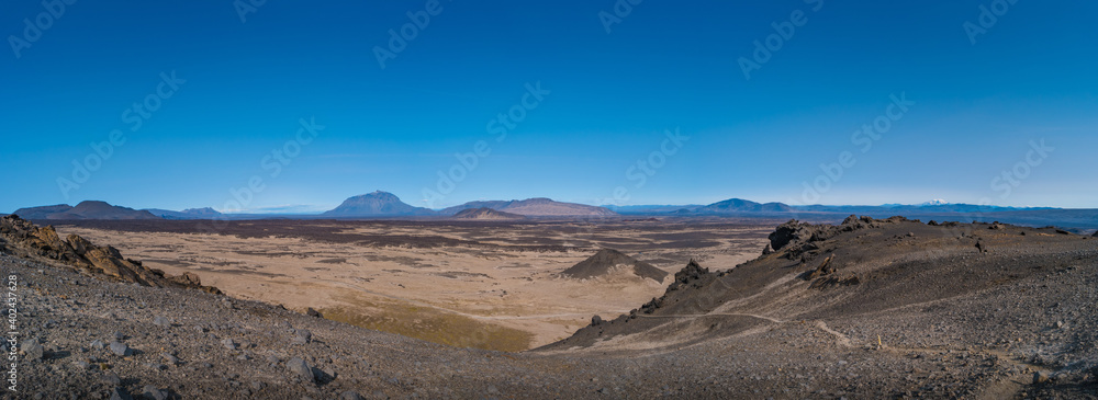Panoramic view over Icelandic landscape of colorful volcanic caldera Askja, in the middle of volcanic desert in Highlands, with red, turquoise volcano soil and blue sky, Iceland