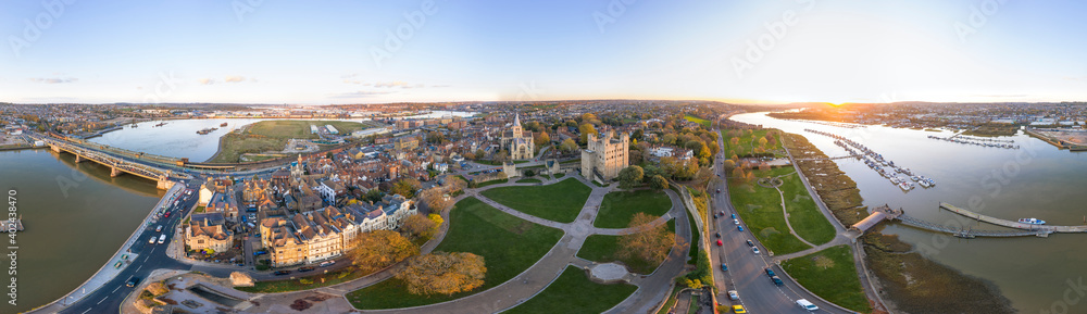 360 degrees aerial panorama of historical Rochester sunset