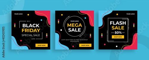 Set of editable templates for Instagram post, Facebook square frame, social media, black Friday, sale, advertisement, and business, fresh design with black pink blue color and minimalist vector (3/3)