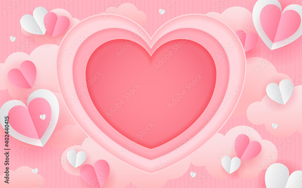 Valentine's day paper art background Vector illustration. Beautiful paper craft of hearts floating with copy space
