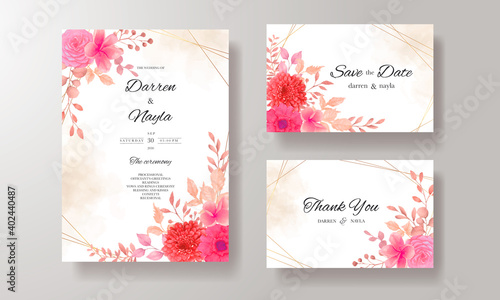 Beautiful wedding invitation with burgundy flowers and leaves