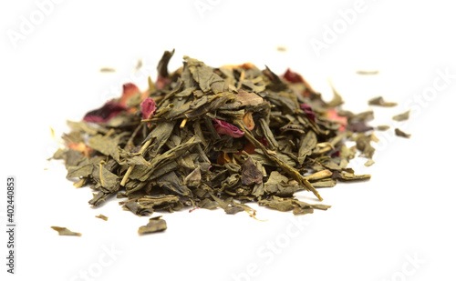 Green tea mixed with sakura petals isolated on white background