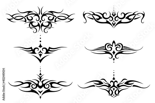 Set of tribal tattoo for lower back, shoulder or chest. Vector frame border pattern ornament decor collection.