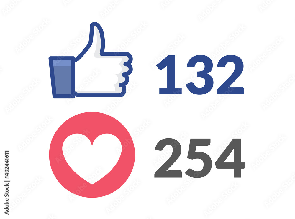 Thumbs up like social network heart icon. New likes number appreciation online. Web blogging concept Thumbs up like social network heart icon. New likes number appreciation online. Web blogging concept