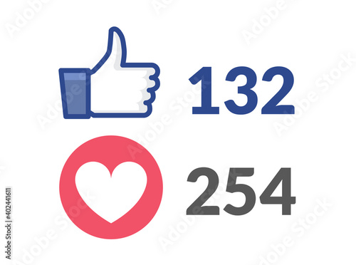 Thumbs up like social network heart icon. New likes number appreciation online. Web blogging concept