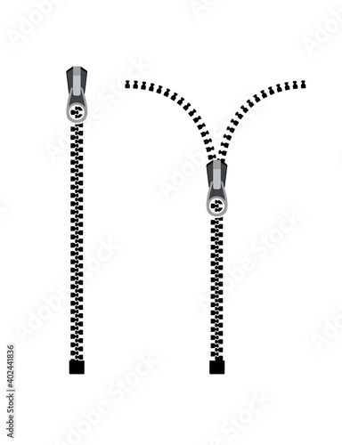 Open zipper teeth metal fastener isolated illustration. Unzip sewing black lock plastic zip buckle