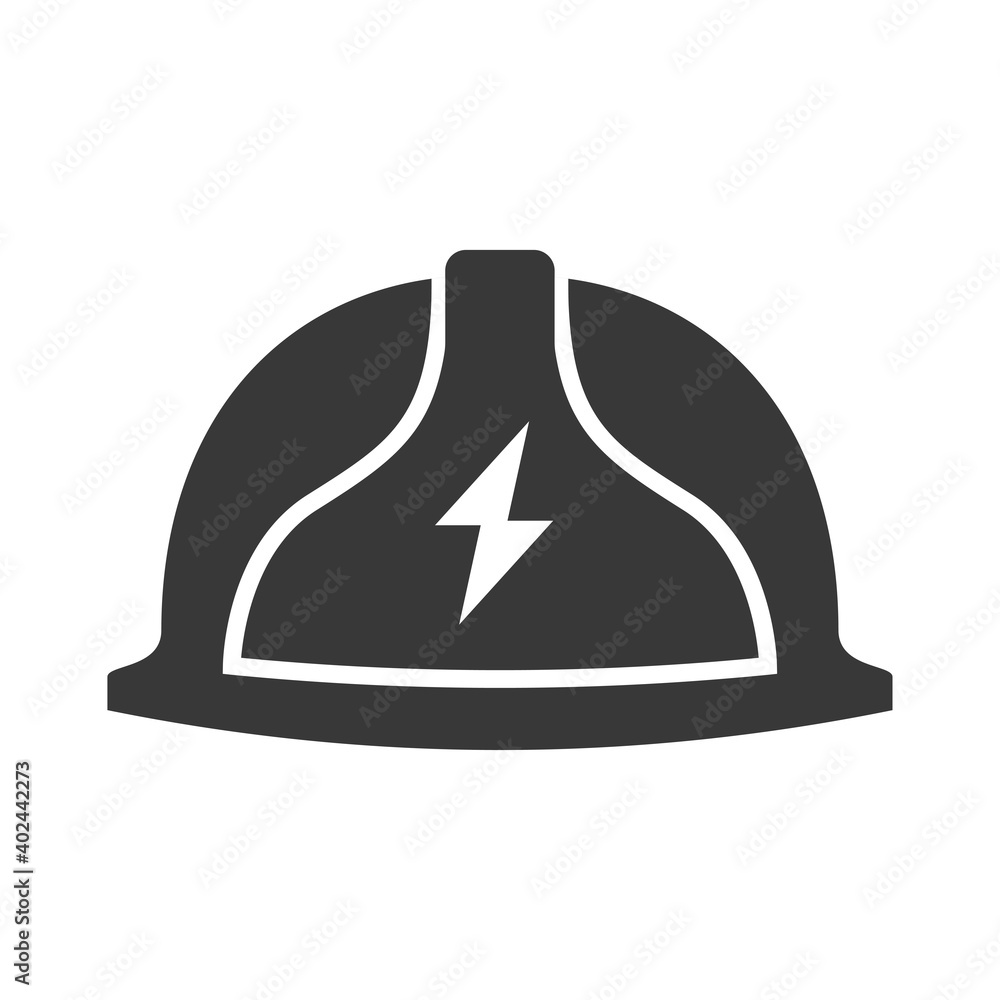 Naklejka premium Safety helmet with lightning sign bold black silhouette icon isolated on white. Protective hard hat.