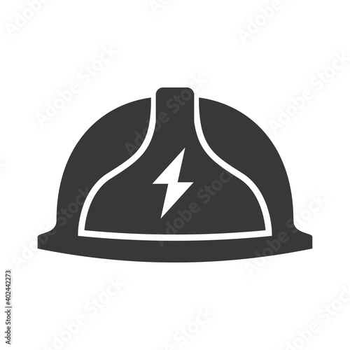 Safety helmet with lightning sign bold black silhouette icon isolated on white. Protective hard hat.