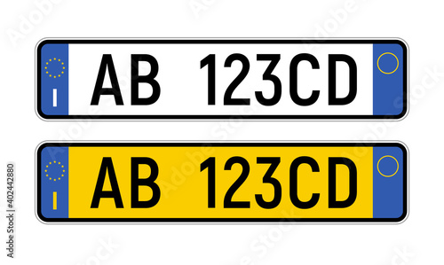 License plate Italian number. Italy licence european auto numberplate registration