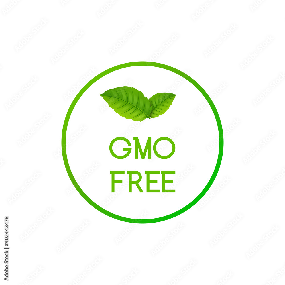 GMO Free icon logo. Non gmo food label symbol. Organic green stamp design healthy food with leaf sticker - obrazy, fototapety, plakaty 