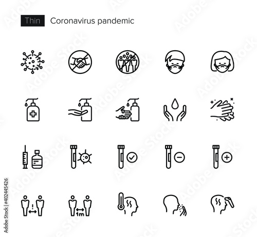 Coronavirus and COVID-19 pandemic outline vector icons set
