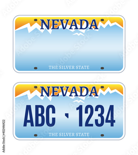 American Nevada car license plate vector registration. Car licence vehicle nevada state numberplate design