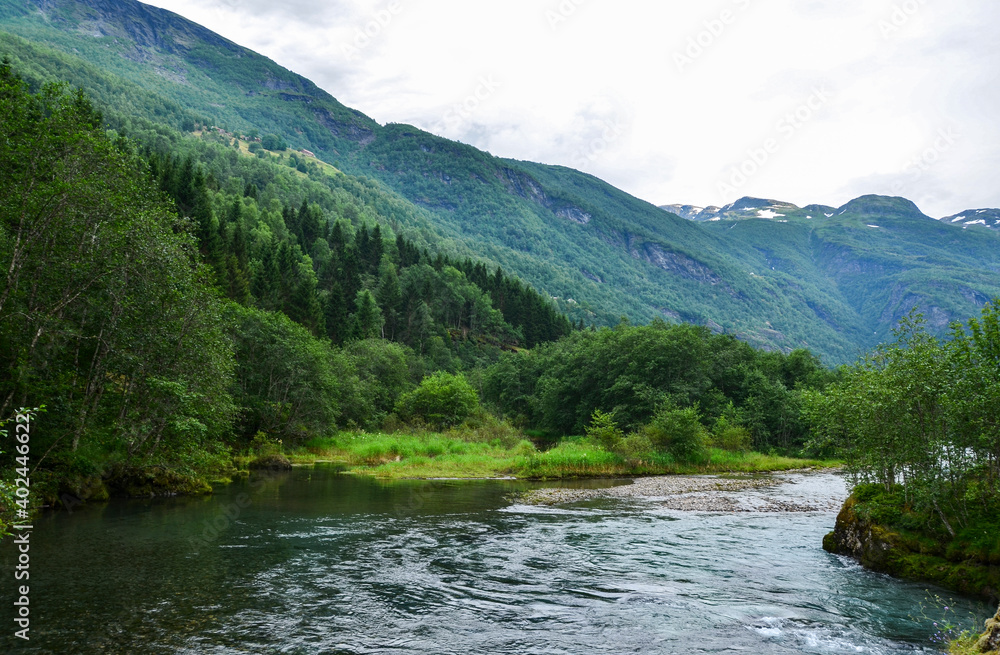 Beautiful Norwegian landscape with mountain pure cold water river and amazing fjords on background, near Flam, Norway