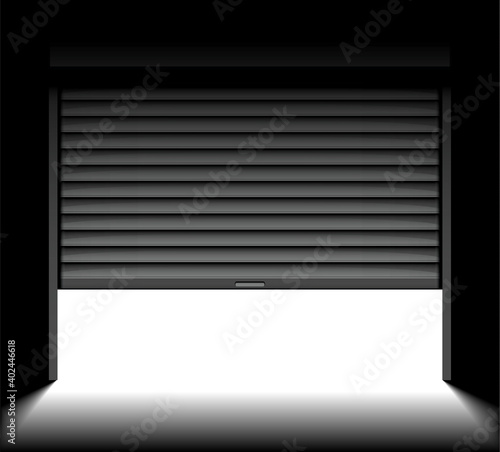 Rolling shutter door. Roller garage metal gate. Electric roll white window background shutter