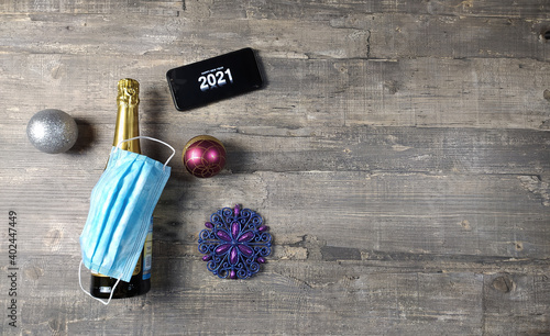 Beautiful New Year background 2021 tree, champagne