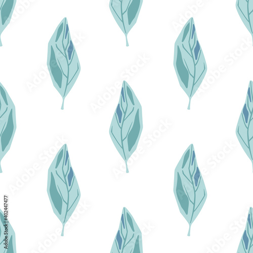 Isolated seamless doodle pattern with simple blue leaf shapes. White background. Botany print.