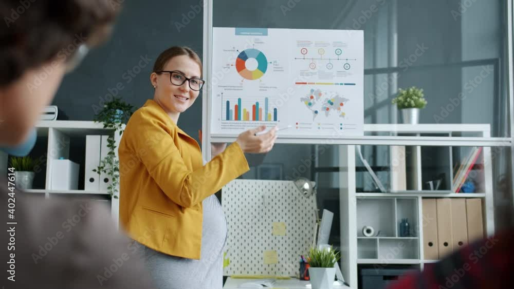 Pregnant young woman wearing stylish maternity wear is making presentation for female colleagues speaking and showing graphs in modern office Pregnant young woman wearing stylish maternity wear is making presentation for female colleagues speaking and showing graphs in modern office