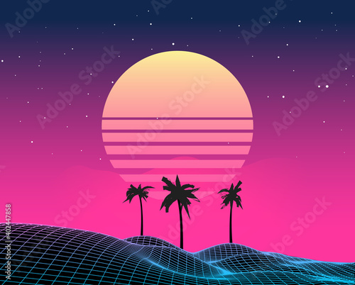 Retro vaporwave backgroud future landscape 80s aesthetic laser synthwave grid