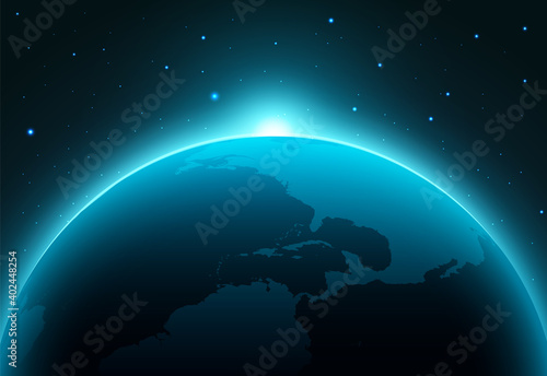 Solar eclipse planet earth space horizon. Earth planet world vector globe eclipse