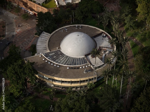 Planetarium of Bogota science museum from viewing platform observation deck Torre Colpatria tower Colombia